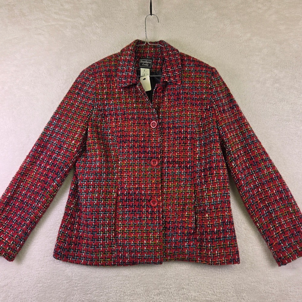 Southern Lady Womens Red Multicolor Tweed Blazer Jacket Size 8 855H